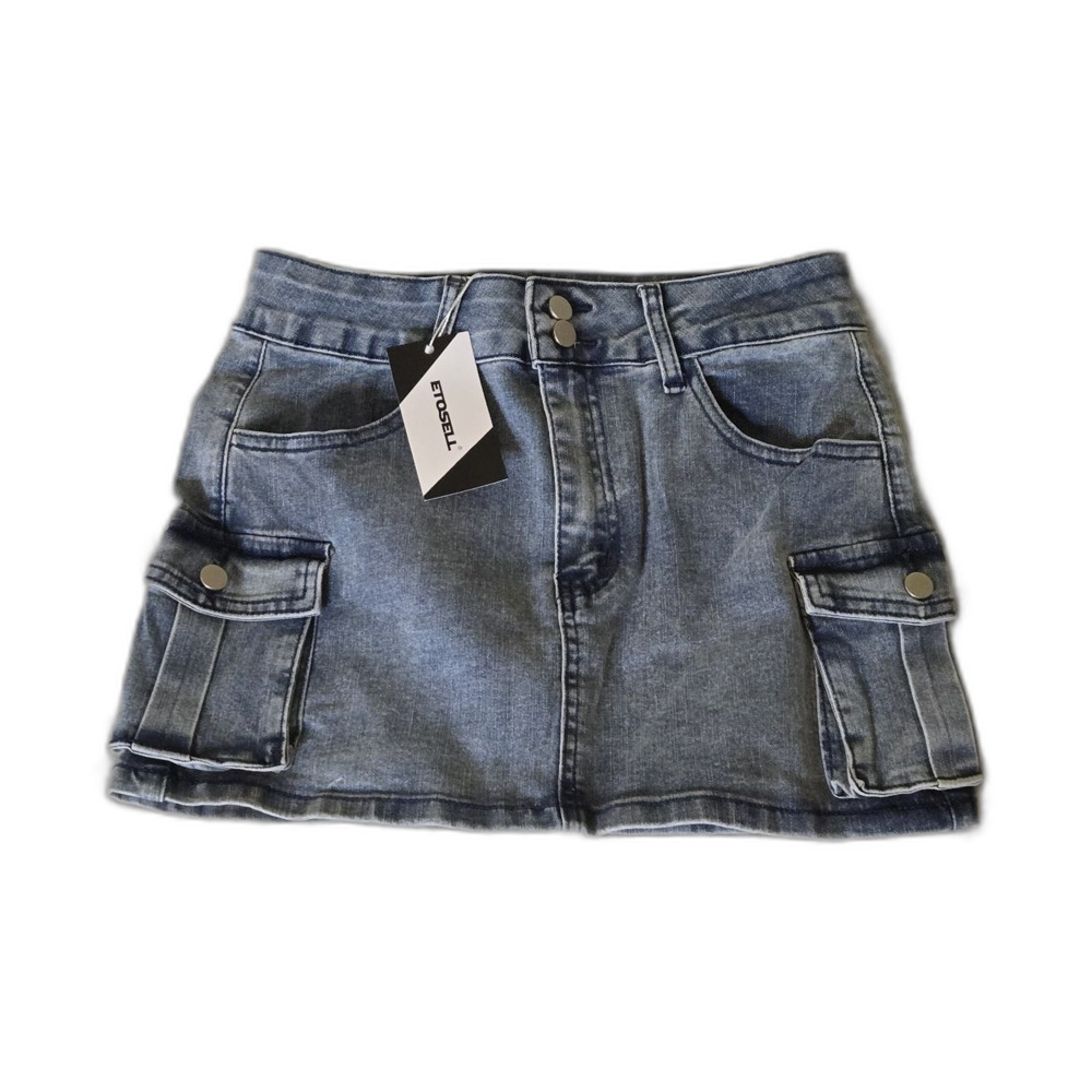 ETOSELL Women's Denim Cargo Mini Skirt Blue Size S with Pockets Button